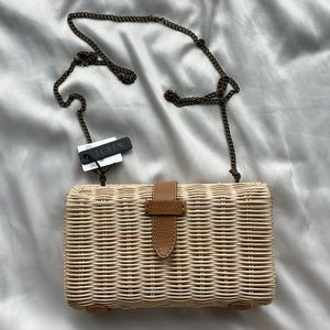 J. Crew rectangle rattan clutch with antique gold finish chain strap. NWT